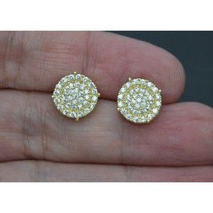 Real 10K Solid Yellow Gold 11.1mm Mens Halo Round Cut CZ Stud Earrings 3.5gr